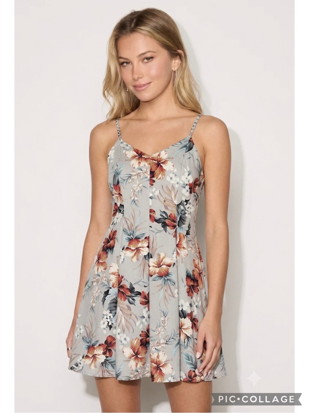 Soieblu Grey Floral Sleeveless Pleated Skirt Mini Skater Dress S Sundress Party